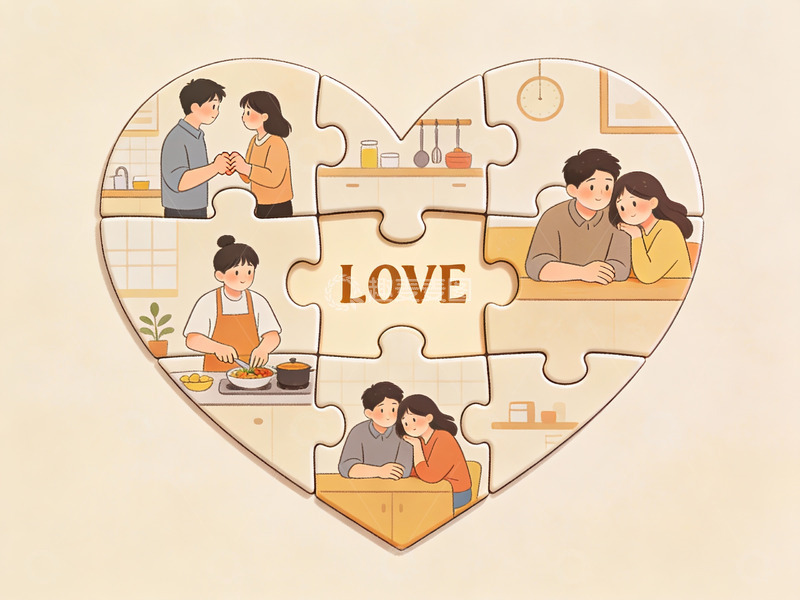 高清大图下载【趣麦麦图】心形拼图中的家庭温馨场景