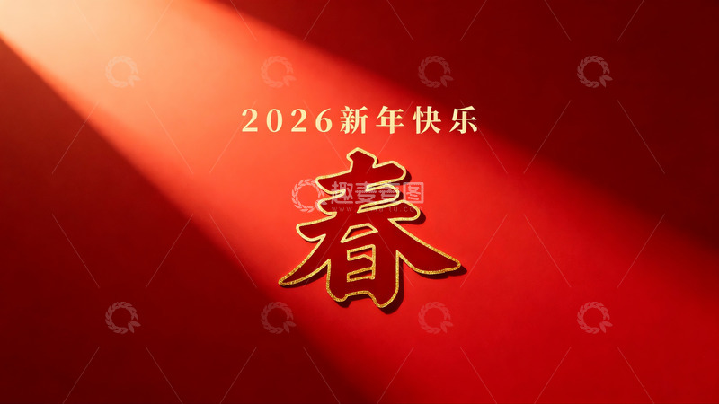 高清大图下载【趣麦麦图】红色背景金色春字新年祝福