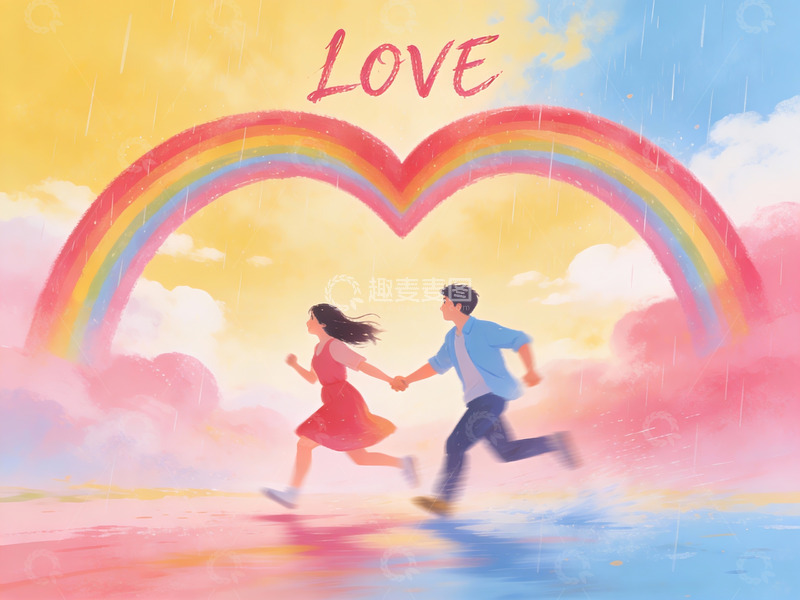 高清大图下载【趣麦麦图】情侣在彩虹下奔跑