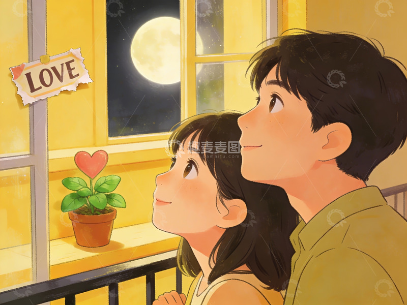 高清大图下载【趣麦麦图】情侣月下窗边共赏明月