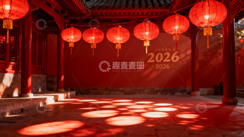 高清大图下载【趣麦麦图】红灯笼映照的传统建筑庭院