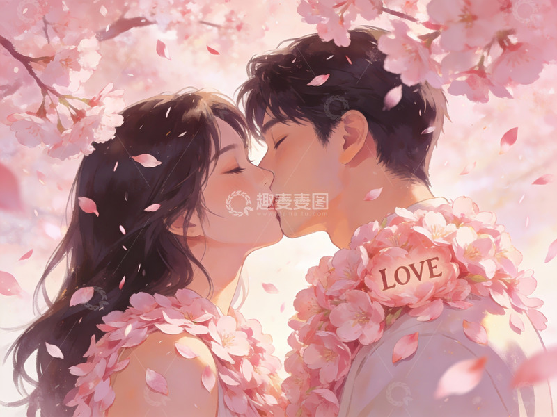 高清大图下载【趣麦麦图】樱花树下情侣亲吻