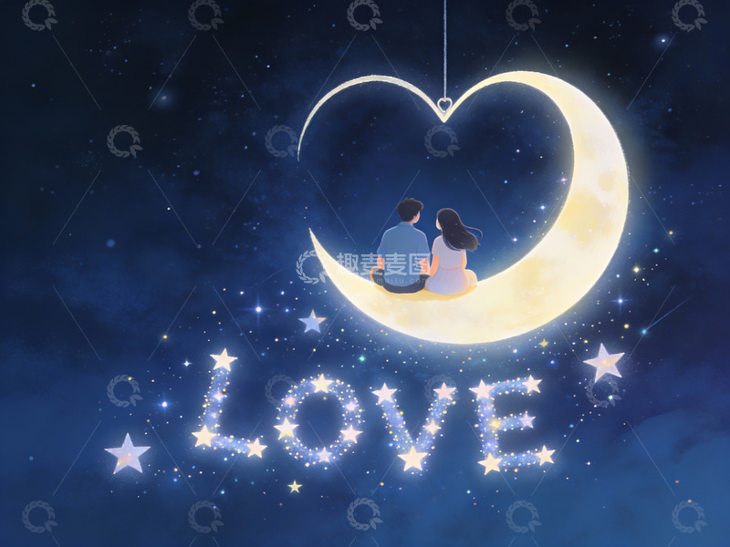 高清大图下载【趣麦麦图】情侣月下心形月亮