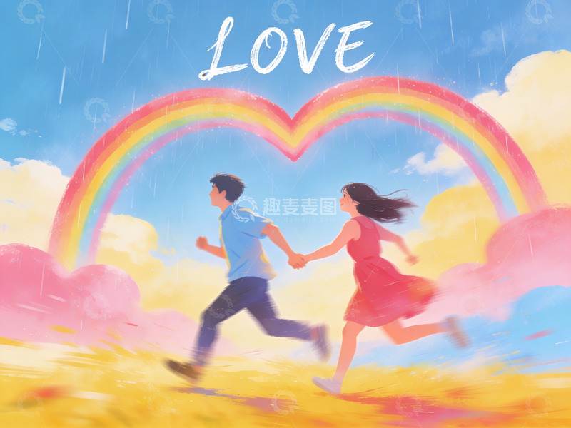 高清大图下载【趣麦麦图】情侣雨中奔跑彩虹心形