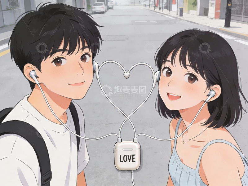 高清大图下载【趣麦麦图】情侣共享耳机听音乐