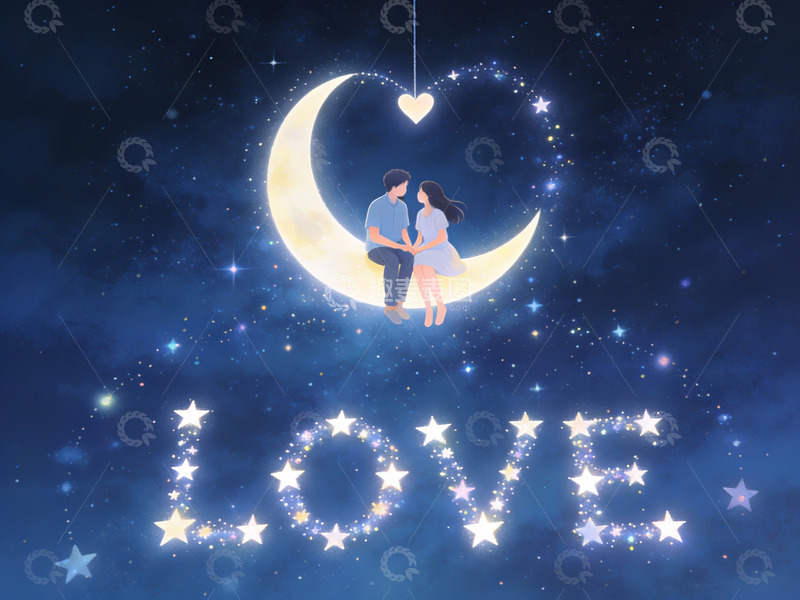 高清大图下载【趣麦麦图】情侣月下共坐，星光环绕