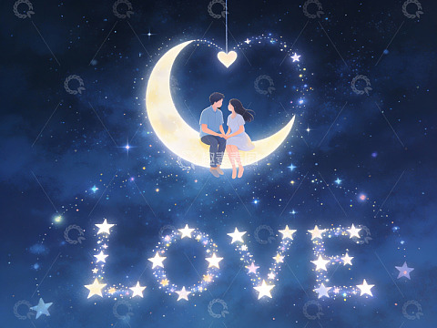 情侣月下共坐，星光环绕