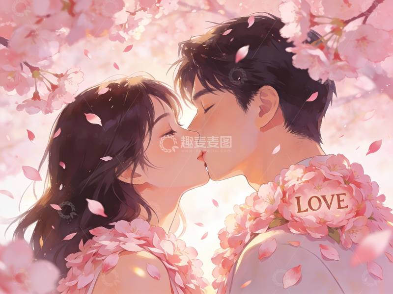 高清大图下载【趣麦麦图】樱花树下情侣亲吻
