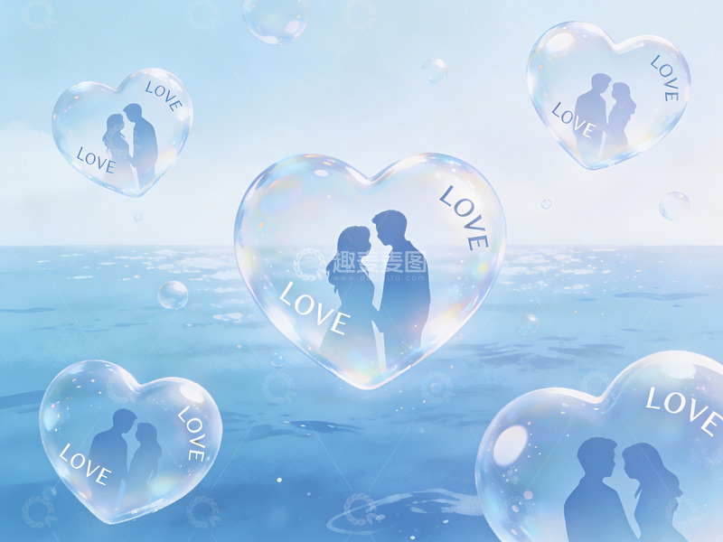 高清大图下载【趣麦麦图】情侣剪影与爱心泡泡