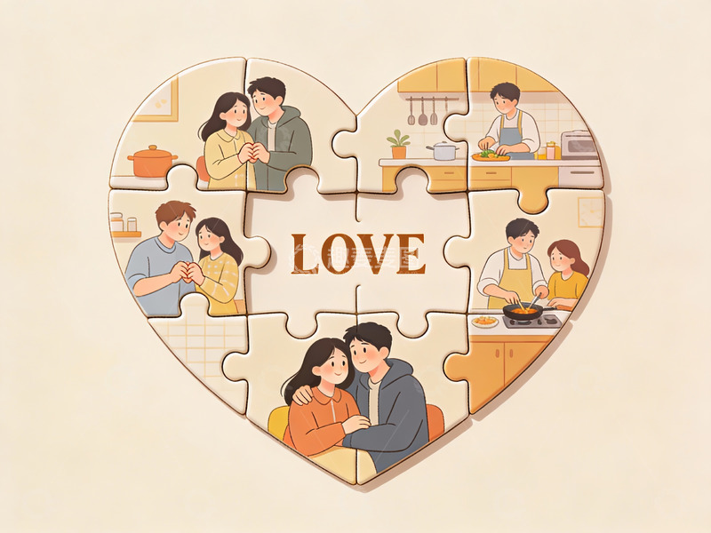 高清大图下载【趣麦麦图】心形拼图中的家庭生活场景