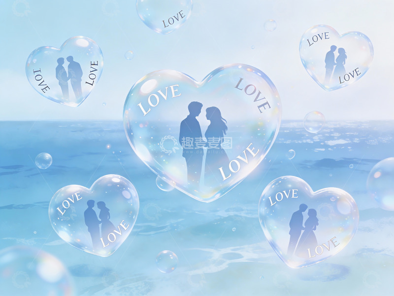 高清大图下载【趣麦麦图】情侣剪影与爱心气泡海边场景