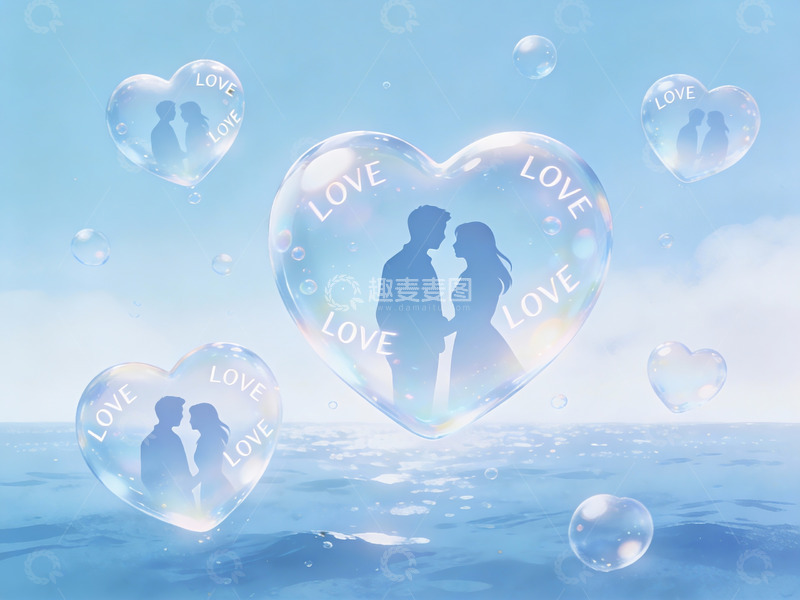 高清大图下载【趣麦麦图】情侣剪影心形泡泡海洋