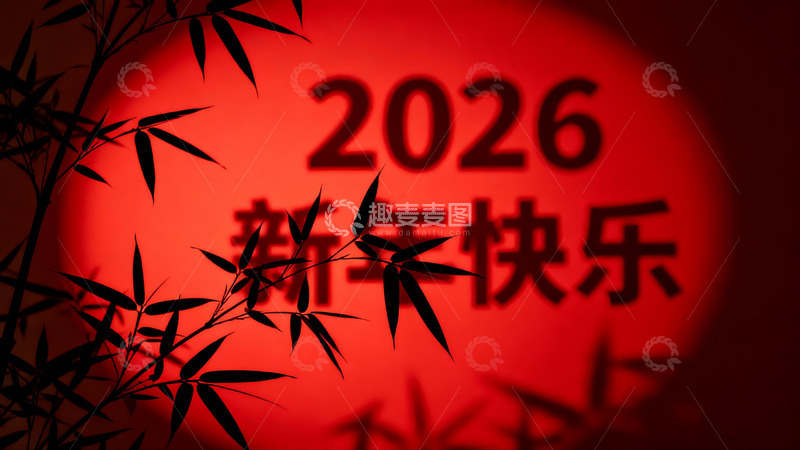 高清大图下载【趣麦麦图】新年快乐竹枝映衬红背景