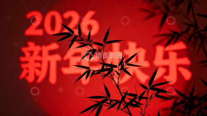 高清大图下载【趣麦麦图】新年快乐竹枝剪影红背景