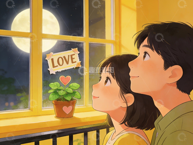 高清大图下载【趣麦麦图】情侣窗边赏月温馨场景