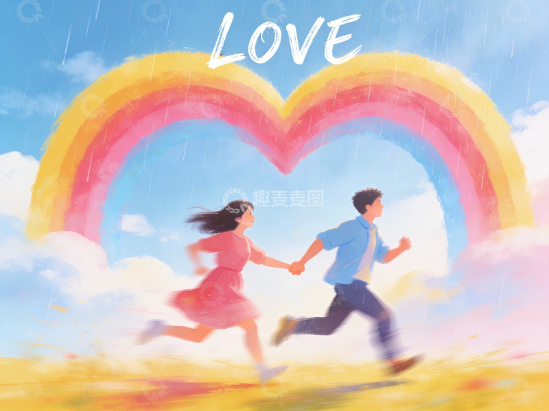 高清大图下载【趣麦麦图】情侣在彩虹下奔跑