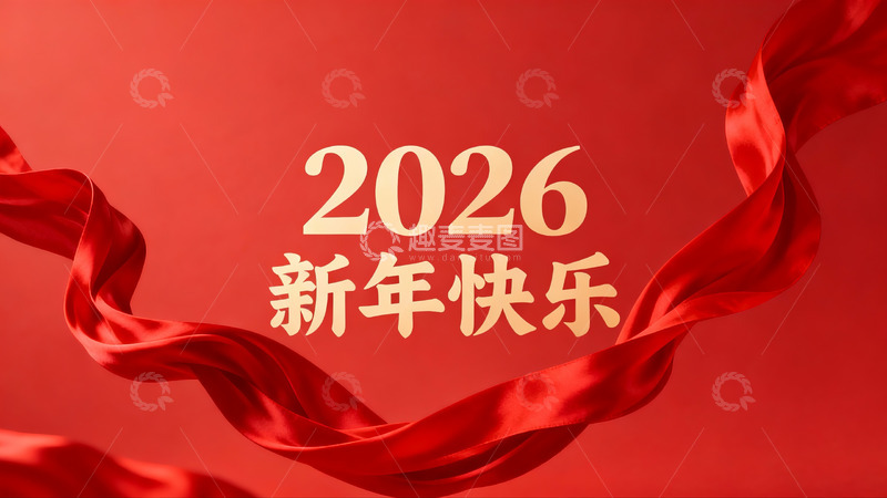 高清大图下载【趣麦麦图】红色绸带新年祝福海报