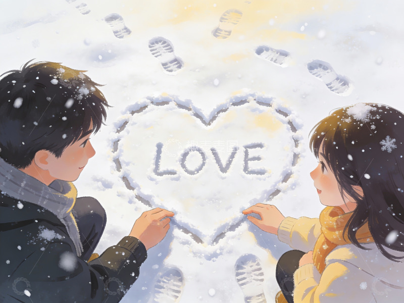 高清大图下载【趣麦麦图】雪地情侣共绘爱心