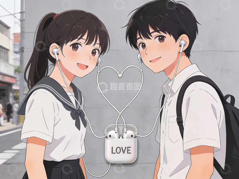 高清大图下载【趣麦麦图】情侣共享耳机街头合影
