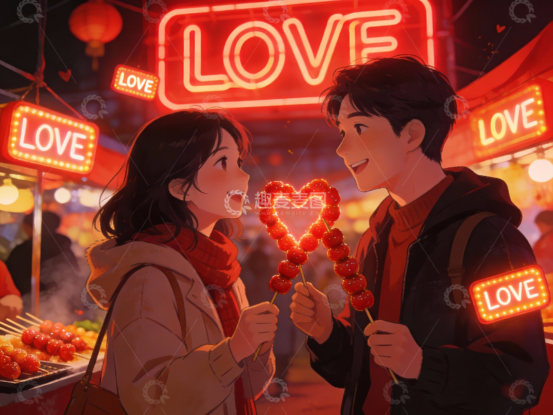高清大图下载【趣麦麦图】情侣在灯会共赏爱心糖葫芦