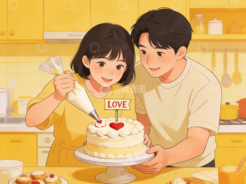 高清大图下载【趣麦麦图】情侣在厨房制作爱心蛋糕