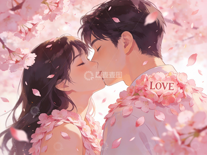 高清大图下载【趣麦麦图】樱花树下情侣亲吻