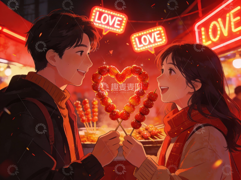高清大图下载【趣麦麦图】情侣街头共赏糖葫芦心形