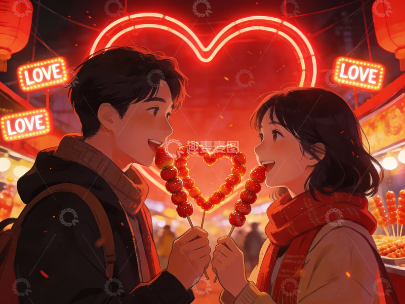 高清大图下载【趣麦麦图】情侣共享心形糖葫芦