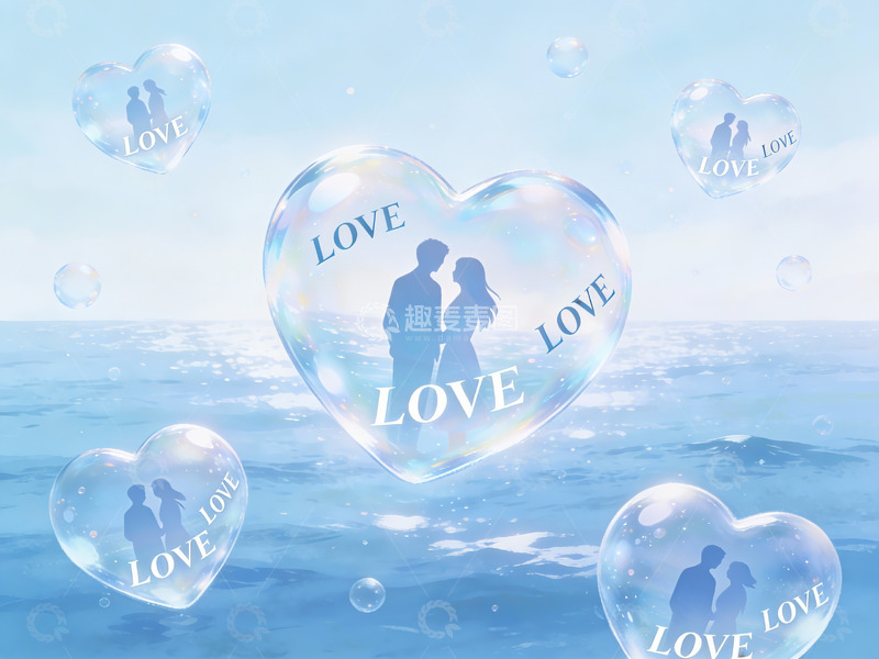 高清大图下载【趣麦麦图】心形泡泡中的情侣剪影