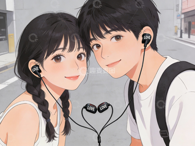 高清大图下载【趣麦麦图】情侣共用耳机街头合影