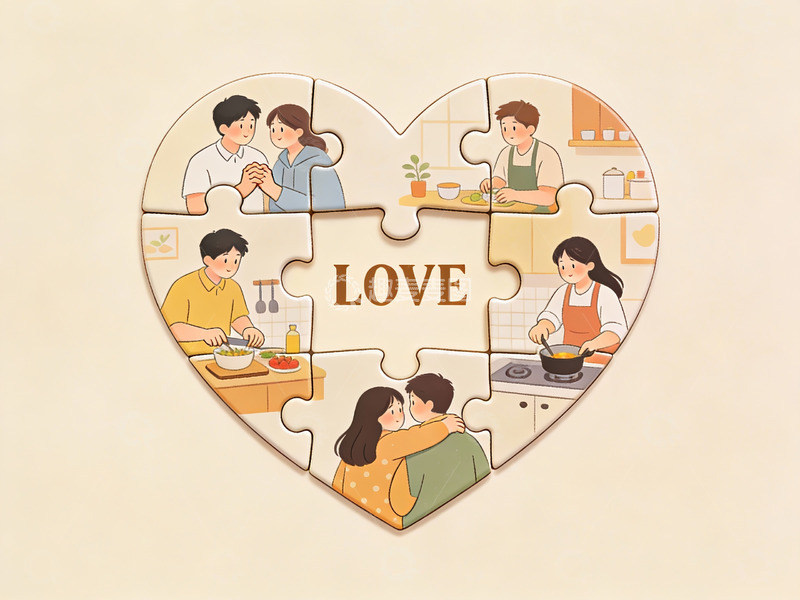 高清大图下载【趣麦麦图】心形拼图中的家庭温馨场景