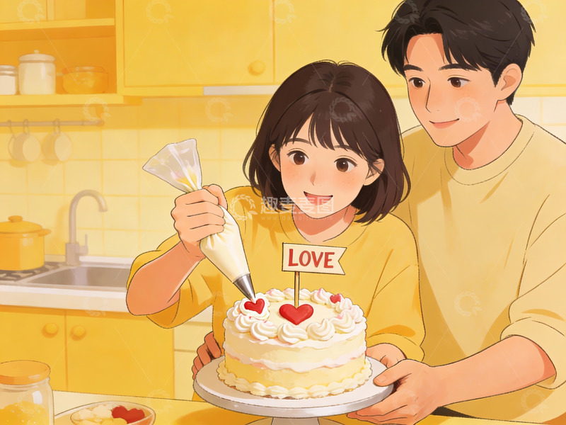 高清大图下载【趣麦麦图】情侣在厨房制作爱心蛋糕