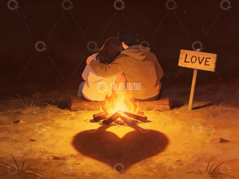 高清大图下载【趣麦麦图】情侣篝火旁相拥取暖