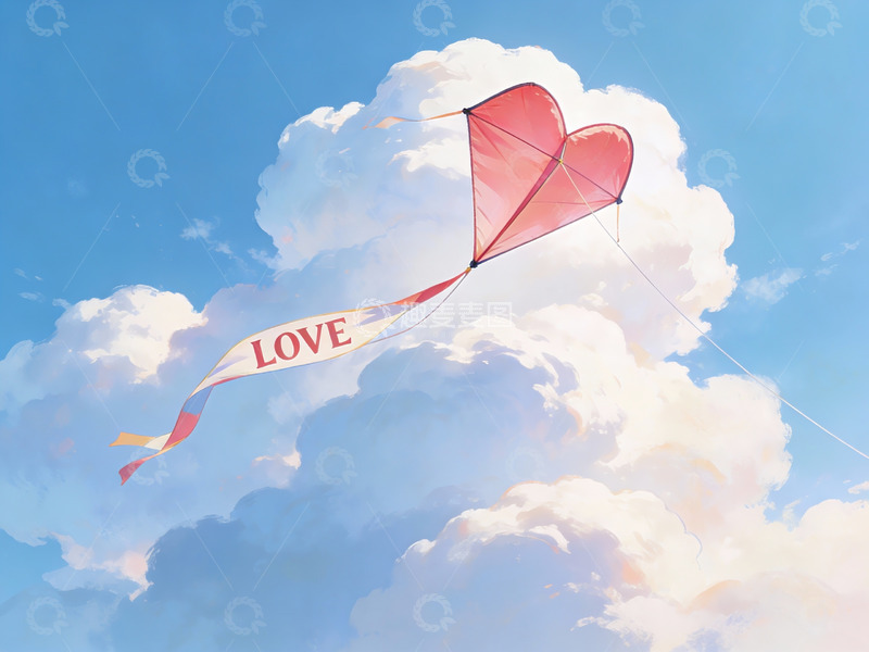 高清大图下载【趣麦麦图】心形风筝飘扬在蓝天白云间