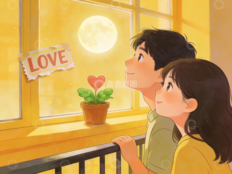 高清大图下载【趣麦麦图】情侣窗边赏月温馨场景