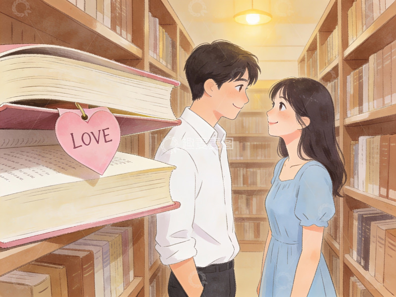 高清大图下载【趣麦麦图】图书馆中情侣相视而笑