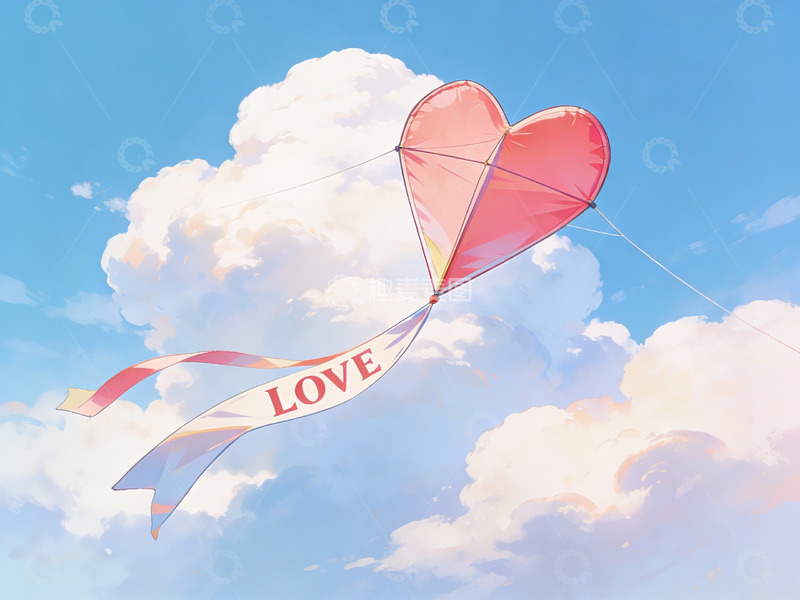 高清大图下载【趣麦麦图】心形风筝飘扬在蓝天白云间