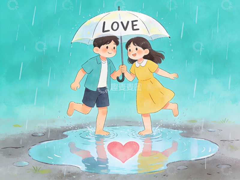 高清大图下载【趣麦麦图】雨中情侣共撑伞