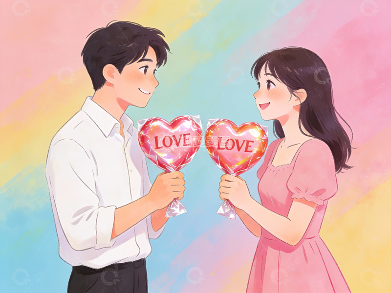 高清大图下载【趣麦麦图】情侣手持爱心糖果甜蜜互动