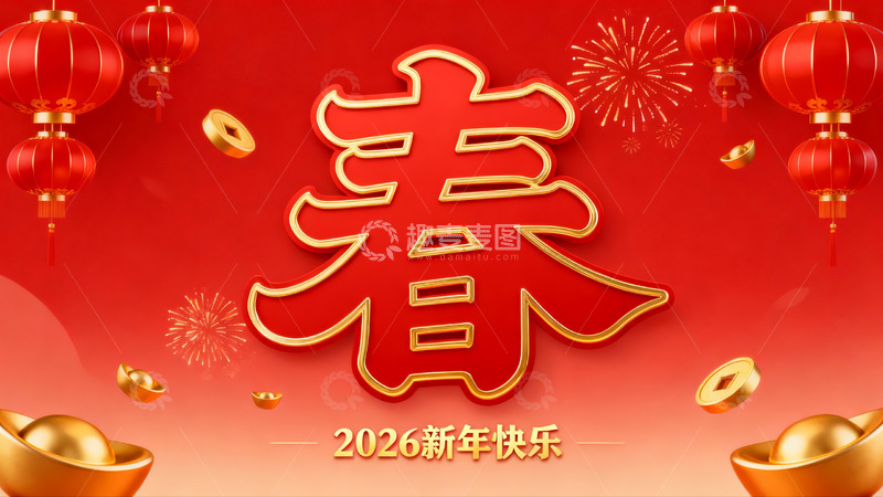 高清大图下载【趣麦麦图】红色背景新年春字装饰图案