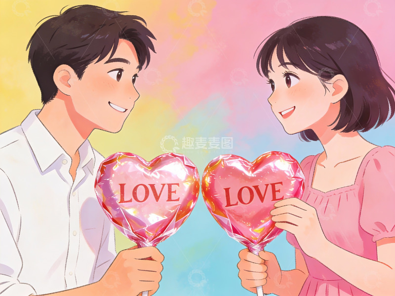 高清大图下载【趣麦麦图】情侣手持爱心糖果甜蜜对视