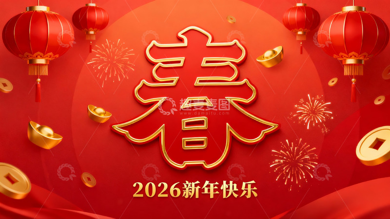 高清大图下载【趣麦麦图】红色灯笼烟花迎新年
