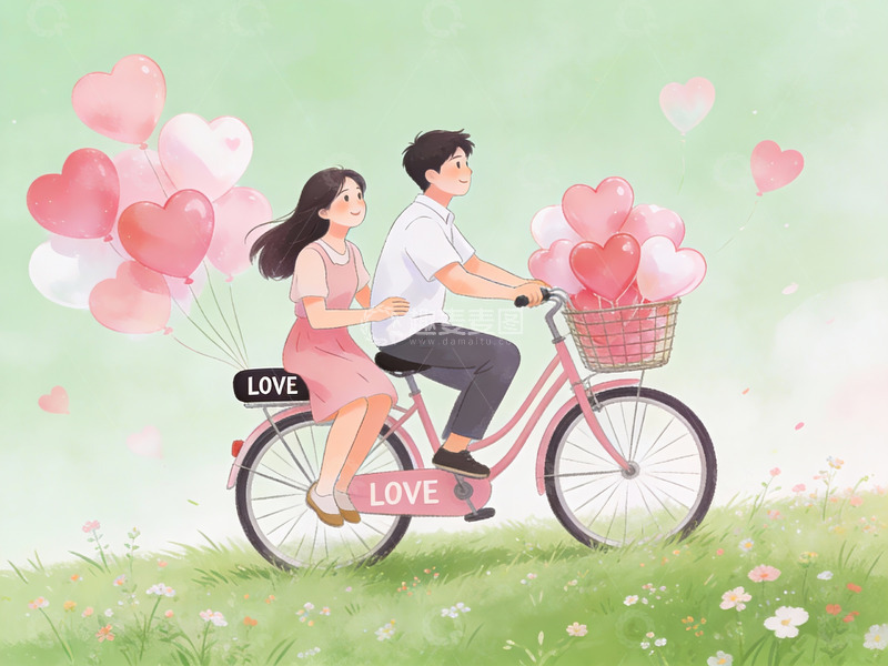 高清大图下载【趣麦麦图】情侣骑自行车载爱心气球