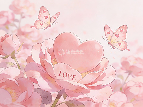 粉色玫瑰与爱心蝴蝶