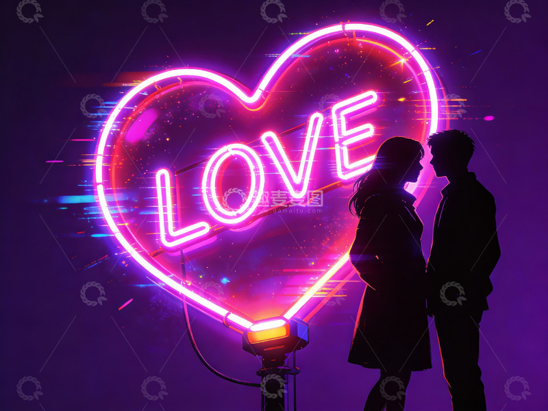 高清大图下载【趣麦麦图】情侣在霓虹爱心前相拥