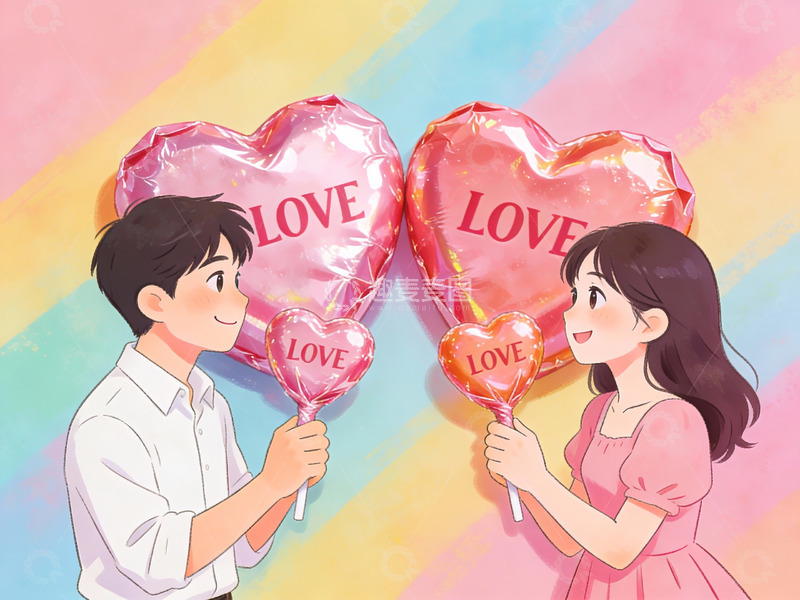高清大图下载【趣麦麦图】情侣手持爱心气球