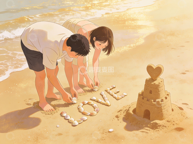 高清大图下载【趣麦麦图】情侣沙滩写爱字堆沙堡