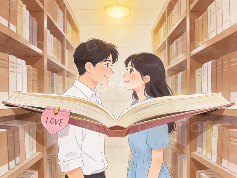高清大图下载【趣麦麦图】图书馆中情侣共读大书