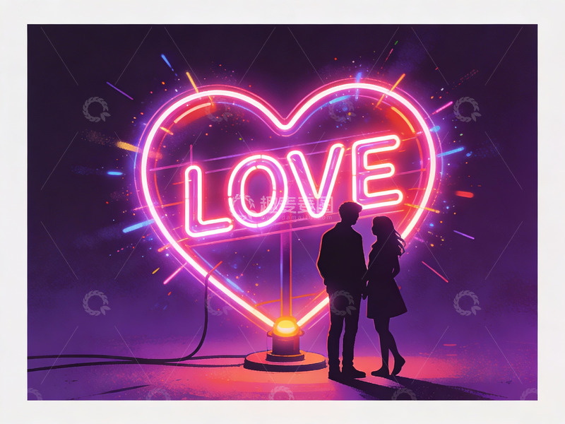 高清大图下载【趣麦麦图】情侣剪影与霓虹爱心灯