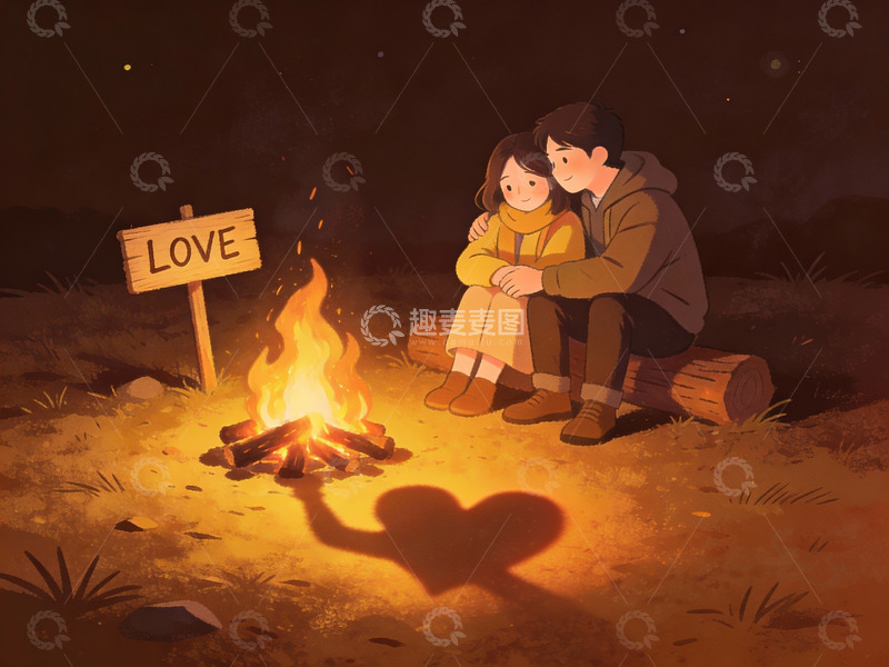 高清大图下载【趣麦麦图】情侣篝火旁相拥取暖
